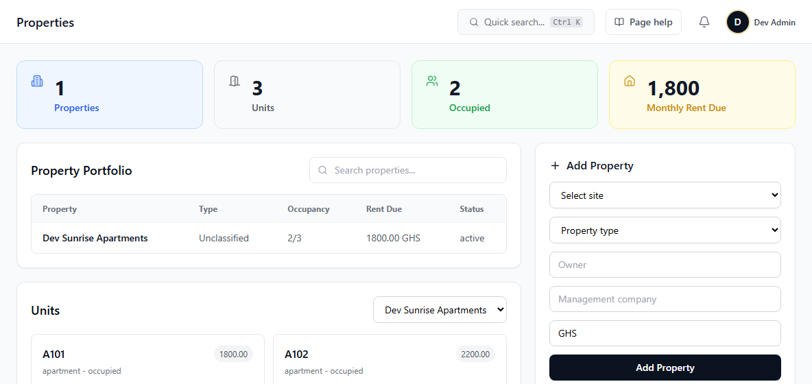 Property, Hostel & Apartment screen in AssetMaintainIQ
