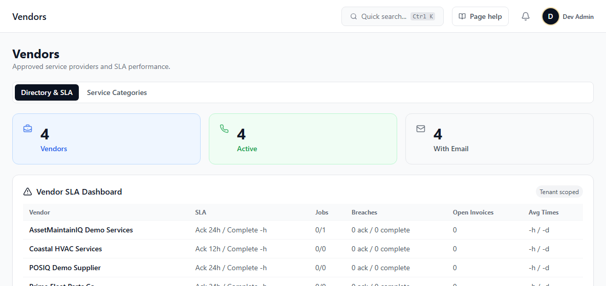 Purchasing & Vendors screen in AssetMaintainIQ